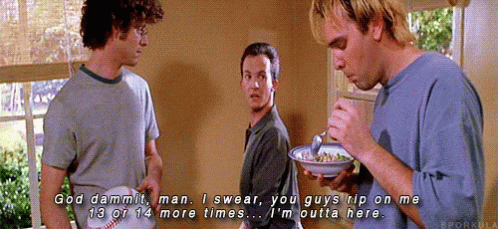 Three Men Are Standing In A Room And One Of Them Is Holding A Baseball And The Other Is Eating A Bowl Of Food GIF