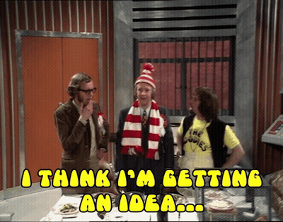 Three Men Are Standing In A Room With The Words " A Think I 'M Getting An Idea " Written Above Them GIF