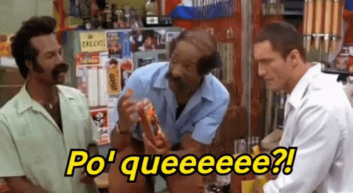 Three Men Are Standing In Front Of A Sign That Says Po ' Queeeee ? GIF