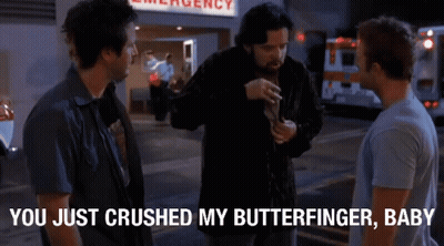 Three Men Are Standing In Front Of An Emergency Room And One Of Them Says You Just Crushed My Butterfinger Baby GIF