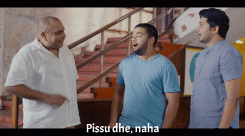 Three Men Are Standing In Front Of Stairs And One Of Them Says Pissu Ghe Maha GIF