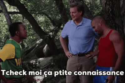 Three Men Are Standing In The Woods With The Words Tcheck Moi Ca Ptite Connaissance Written On The Bottom GIF