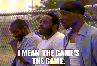 Three Men Are Standing Next To A Chain Link Fence And One Of Them Says I Mean The Game 'S The Game GIF
