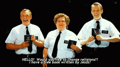 Three Men Are Standing Next To Each Other And One Of Them Is Saying Hello Would You Like To Change Religions ? GIF