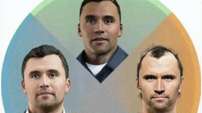 three men are standing next to each other in a circle with their faces showing different stages of hair loss .