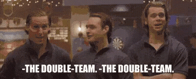 Three Men Are Standing Next To Each Other With Their Arms Crossed And The Words `` The Double-Team , The Double-Team . ' GIF