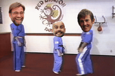 Three Men Dancing In Front Of Red Dragon Logo GIF