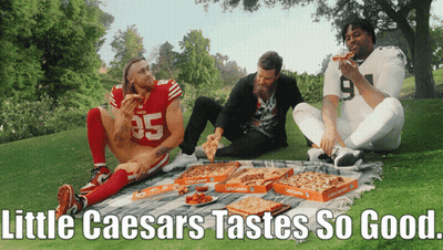 Three Men Eating Pizza Saying Little Caesars Tastes So Good GIF