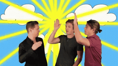 Three Men High Five In Front Of Blue Sky GIF