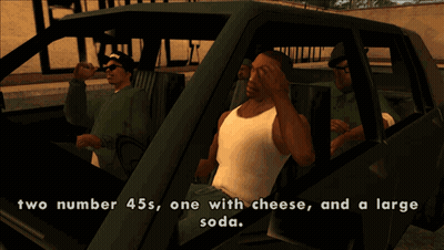 Three Men In A Car Saying Two Number 45S One With Cheese And A Large Soda GIF