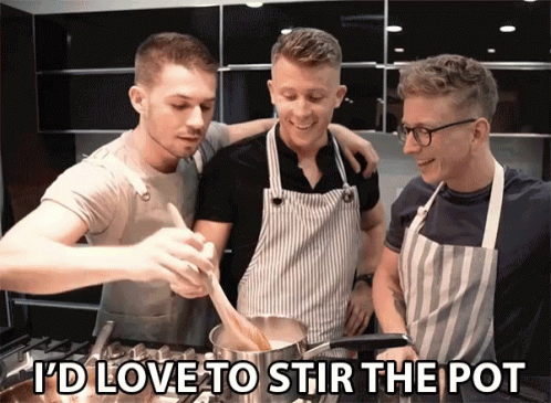 Three Men In Aprons Are Stirring A Pot With The Words I 'D Love To Stir The Pot Below Them GIF