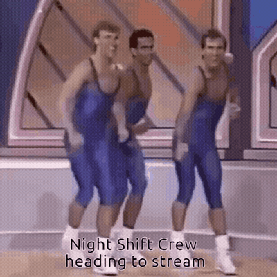 Three Men In Blue Jumpsuits Are Dancing In A Room With The Caption Night Shift Crew Heading To Stream . GIF