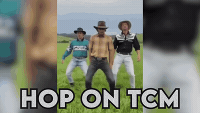 Three Men In Cowboy Hats Are Dancing In A Field With The Words Hop On Tcm Above Them . GIF