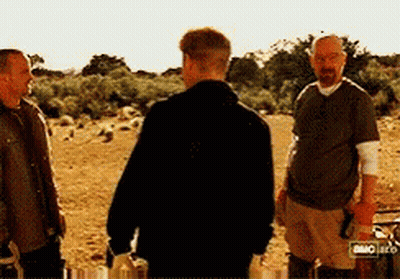 Three Men In Desert One In AMC Shirt GIF