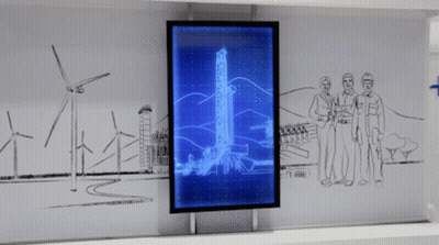 Three Men In Front Of Blue Screen With Wind Turbines GIF