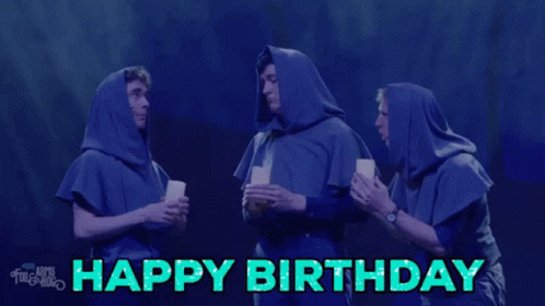 Three Men In Hooded Cloaks Toasting With Cups Of Coffee And The Words Happy Birthday GIF