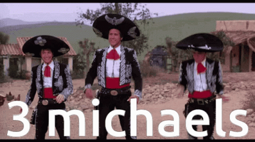 Three Men In Mariachi Costumes Are Dancing With The Words 3 Michaels Written In White GIF