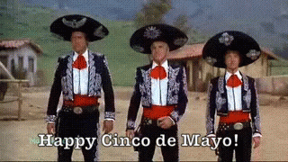 Three Men In Mariachi Costumes Are Standing Next To Each Other With The Words Happy Cinco De Mayo Written On The Screen GIF