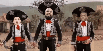 Three Men In Mariachi Costumes Dancing GIF