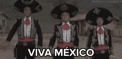 Three Men In Mariachi Costumes Dancing In A Line Viva Mexico GIF
