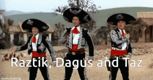 Three Men In Mariachi Outfits Are Dancing In The Desert GIF