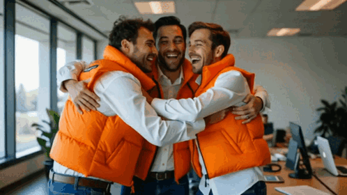Three Men In Orange Vests Hugging Each Other In An Office GIF