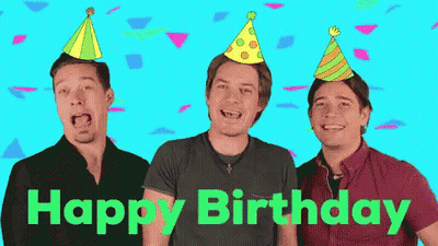 Three Men In Party Hats Singing Happy Birthday GIF
