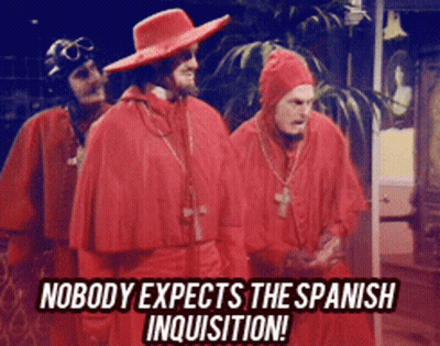 Three Men In Red Robes Saying Nobody Expects The Spanish Inquisition GIF