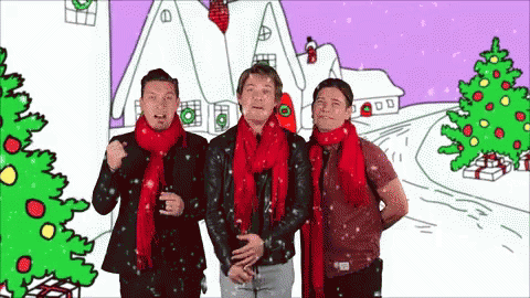 Three Men In Red Scarves At Cartoon Christmas Scene GIF