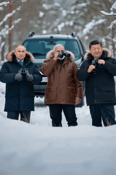 Three Men In Snow Looking Through Binoculars GIF