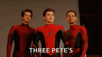 Three Men In Spider-Man Costumes Are Standing Next To Each Other And The Words `` Three Pete 'S '' Are Written Above The GIF
