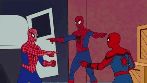 Three Men In Spiderman Costumes Are Standing Next To Each Other In A Circle And Pointing At Each Other . GIF