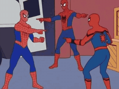 Three Men In Spiderman Costumes Are Standing Next To Each Other GIF