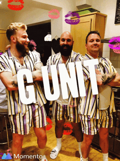 Three Men In Striped Shirts Are Standing In A Kitchen And The Word Gunit Is On The Front GIF