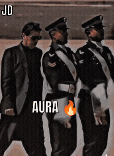 Three Men In Suits And Hats Are Walking In A Line With Aura Written On The Bottom Of The Image GIF
