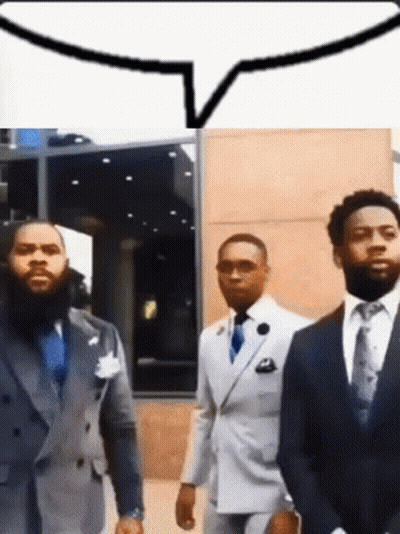 Three Men In Suits And Ties Are Standing In Front Of A Building With A Speech Bubble Above Them GIF