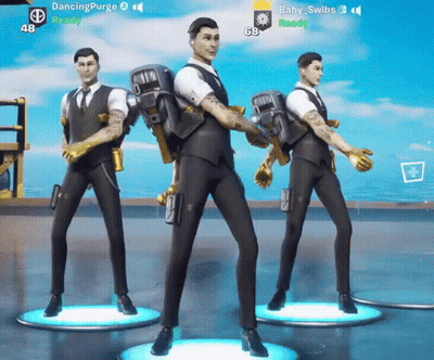 Three Men In Suits Are Dancing In Front Of A Blue Sky GIF