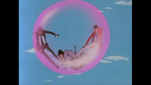 Three Men In Suits Flying Through Pink Bubble GIF