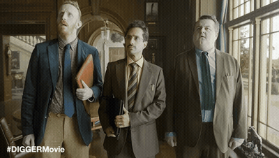 Three Men In Suits In Front Of Window With Diggermovie GIF
