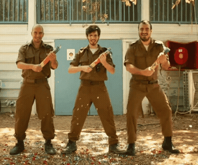 Three Men Military Uniforms Holding Fireworks Blue Door GIF