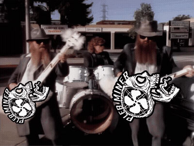 Three Men Playing Drums And Guitars With Pleb Miner Logo GIF