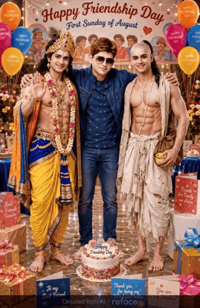 Three Men Pose For A Picture In Front Of A Happy Friendship Day Banner GIF