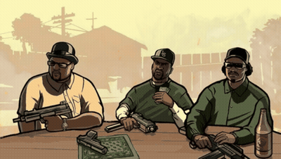 Three Men Sitting At Table With Guns And Coca-Cola GIF