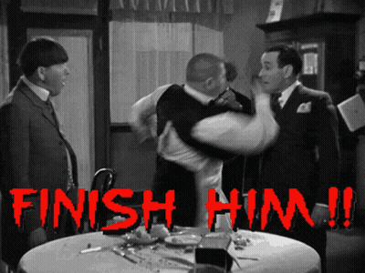 Three Men Standing Around Table Finish Him GIF