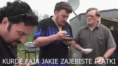 Three Men Standing Eating From Bowls And Plates GIF