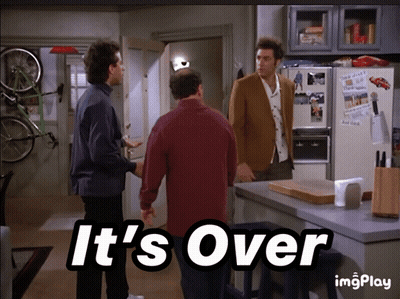 Three Men Standing In A Kitchen With The Words It 'S Over GIF