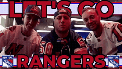 Three Men Standing In Front Of Let's Go Rangers Banner GIF