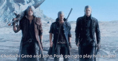Three Men Standing Next To Each Other With The Words Chadachi Geno And John Pork Going To Play Hull United On The Bottom GIF