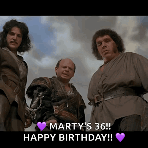 Three Men Standing Next To Each Other With The Words Marty 'S 36 Happy Birthday Written On The Bottom GIF
