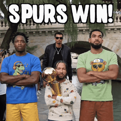 Three Men Standing Next To Each Other With The Words Spurs Win Above Them GIF